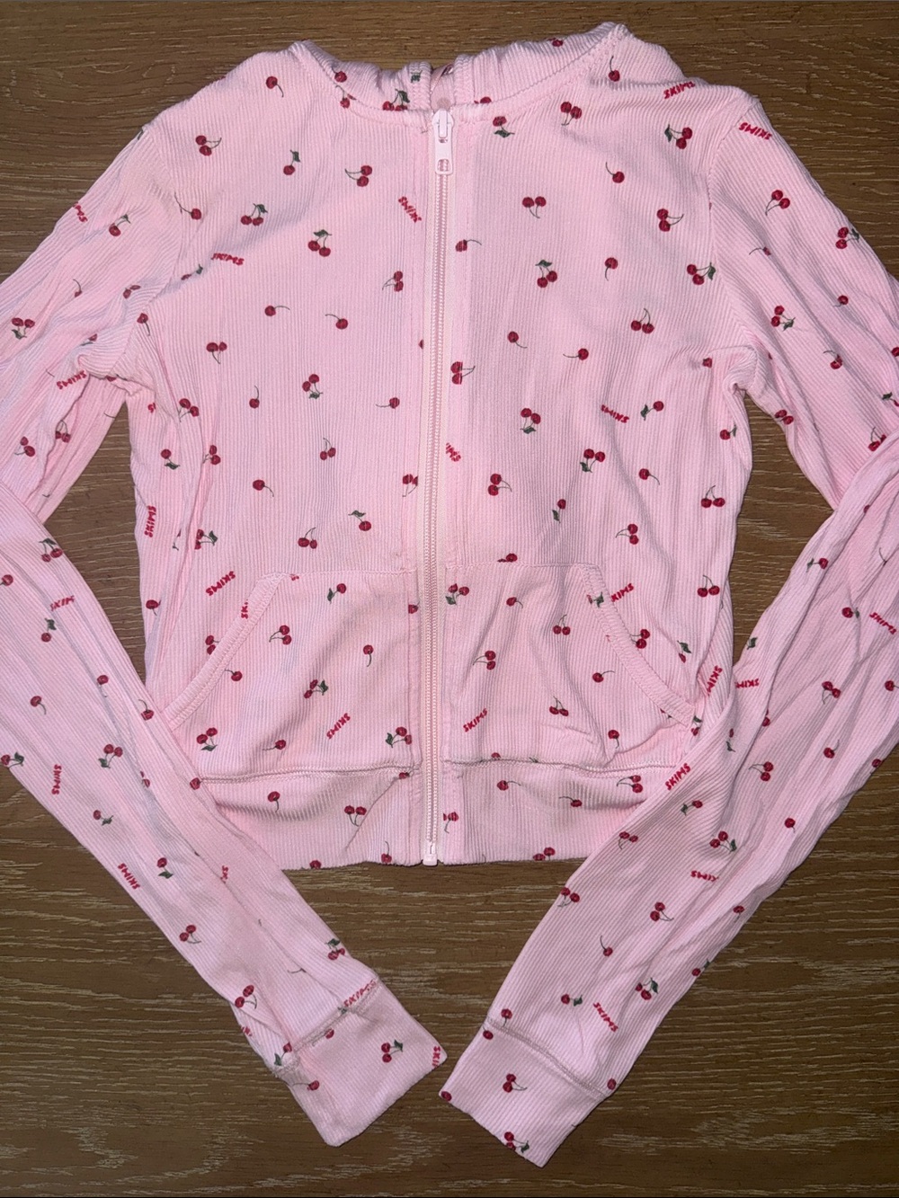 SKIMS Cotton Rib Zip Hoodie in Pink Cherry Print